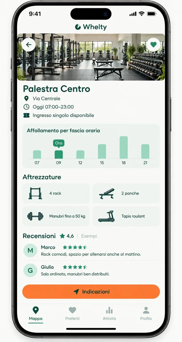 Anteprima Whelty: scheda palestra con attrezzature e affollamento; recensioni di esempio