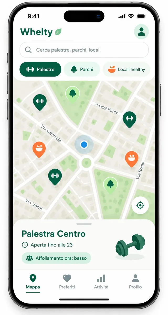 Anteprima Whelty: mappa con palestre, parchi e locali